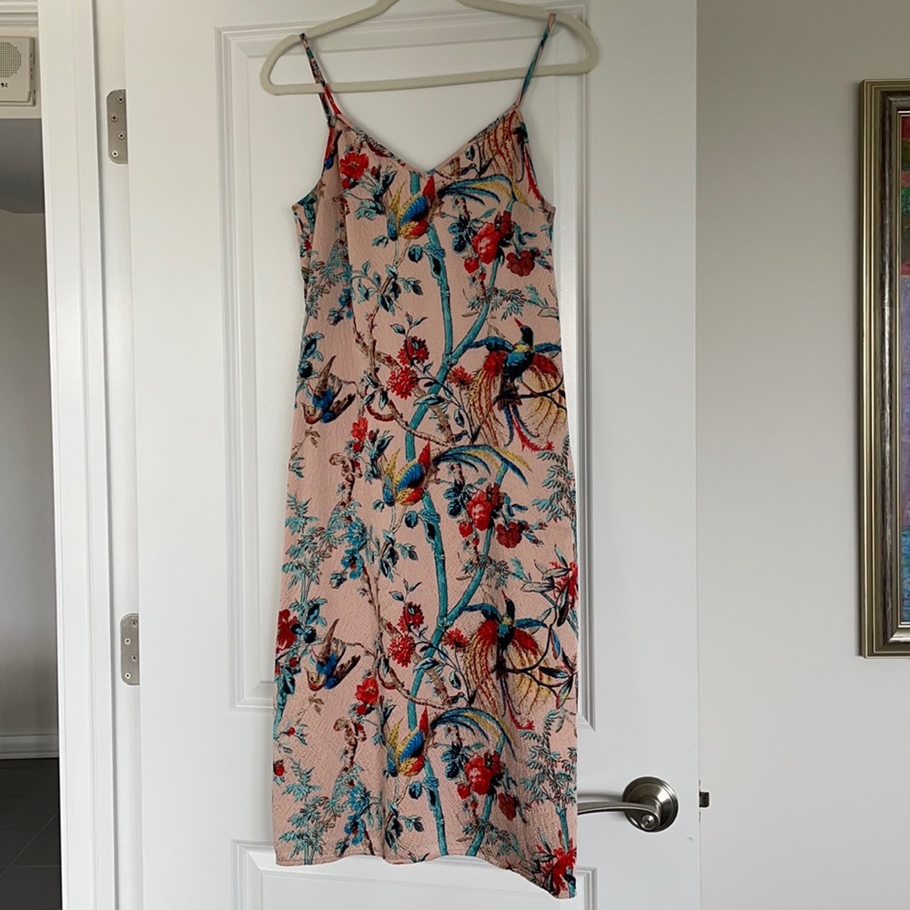 Club Monaco silk slip dress with tropical print